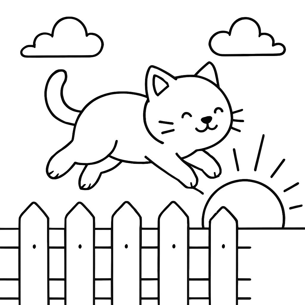 A cat jumping over a fence at sunset