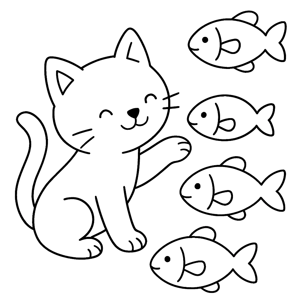 A cat playing with a group of colorful fish