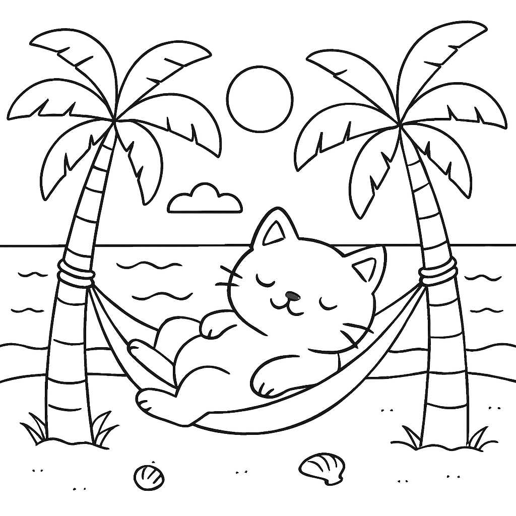 A cat lounging on a hammock by the beach