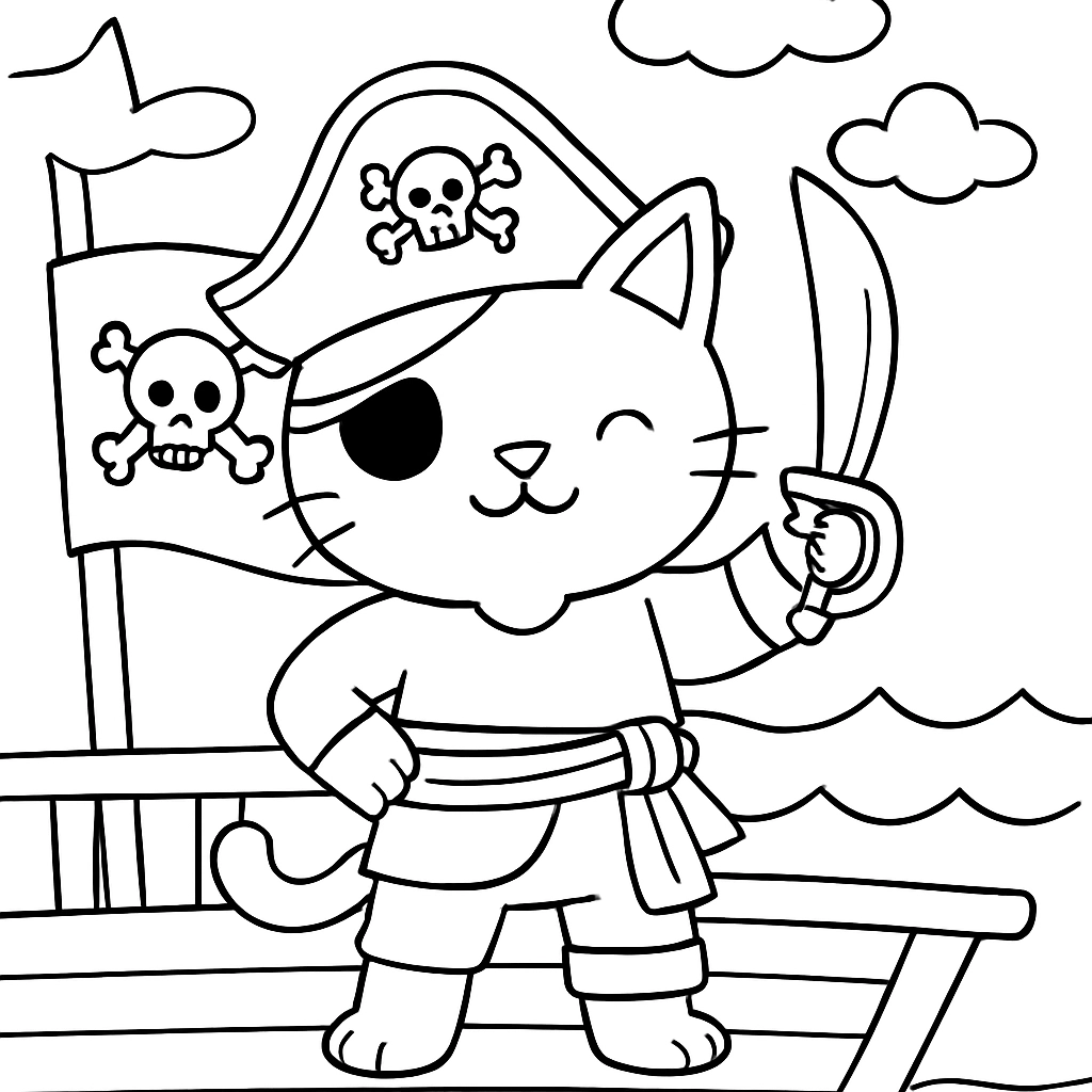 A cat dressed as a pirate on a ship