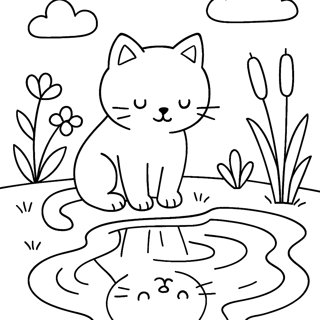 A cat looking at its reflection in a pond