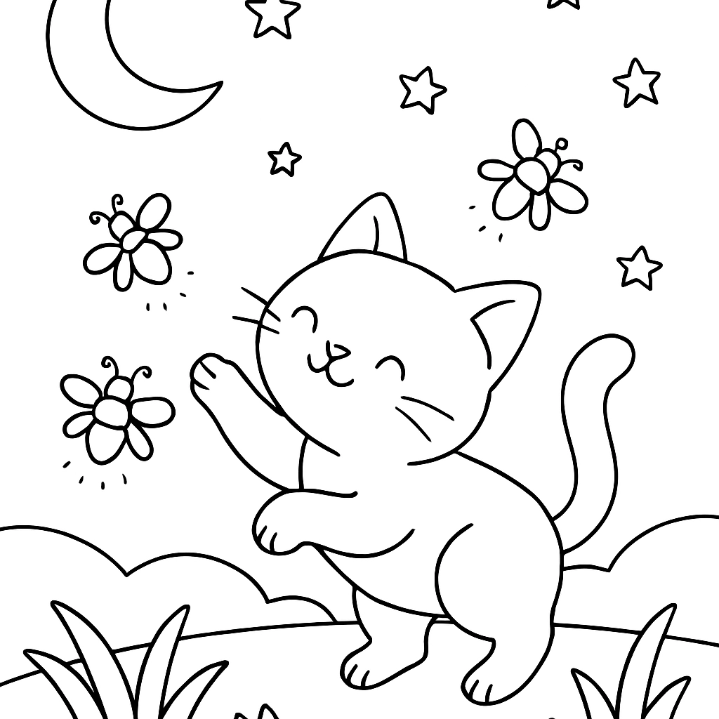 A cat chasing fireflies in the night