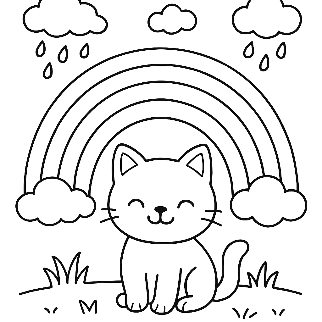 A cat sitting under a rainbow after a storm