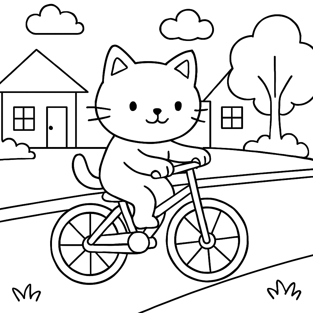 A cat riding a bicycle down a quiet street