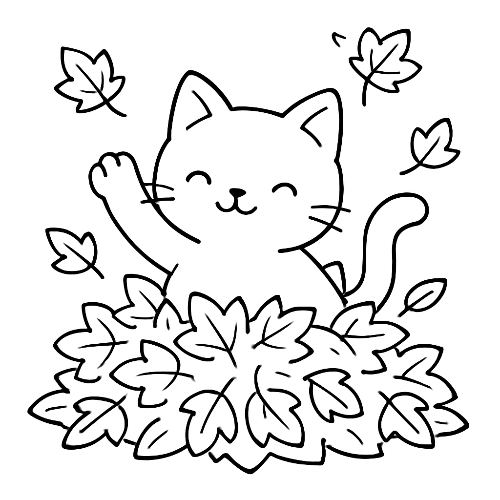 A cat playing in a pile of fallen leaves