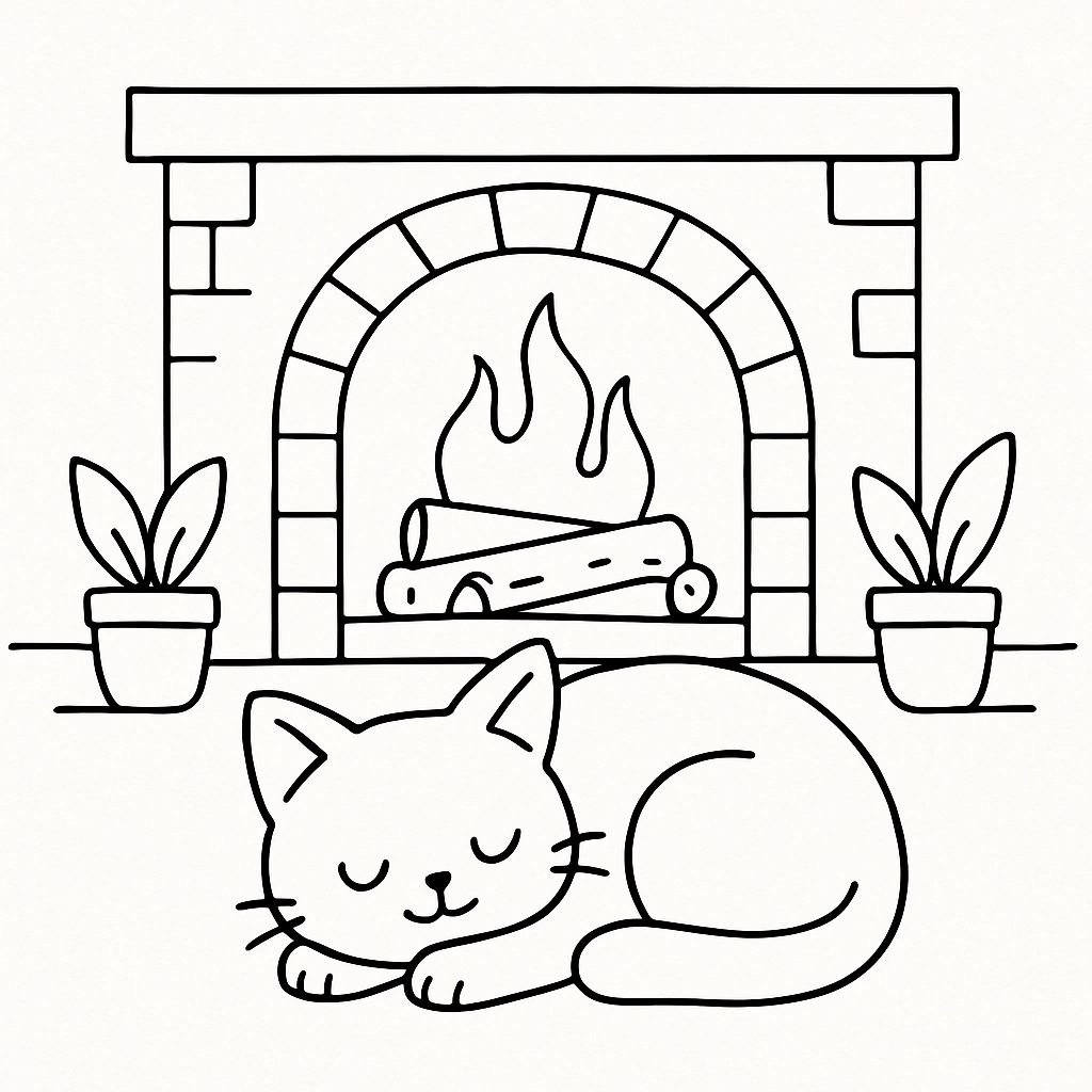A cat curled up next to a warm fireplace
