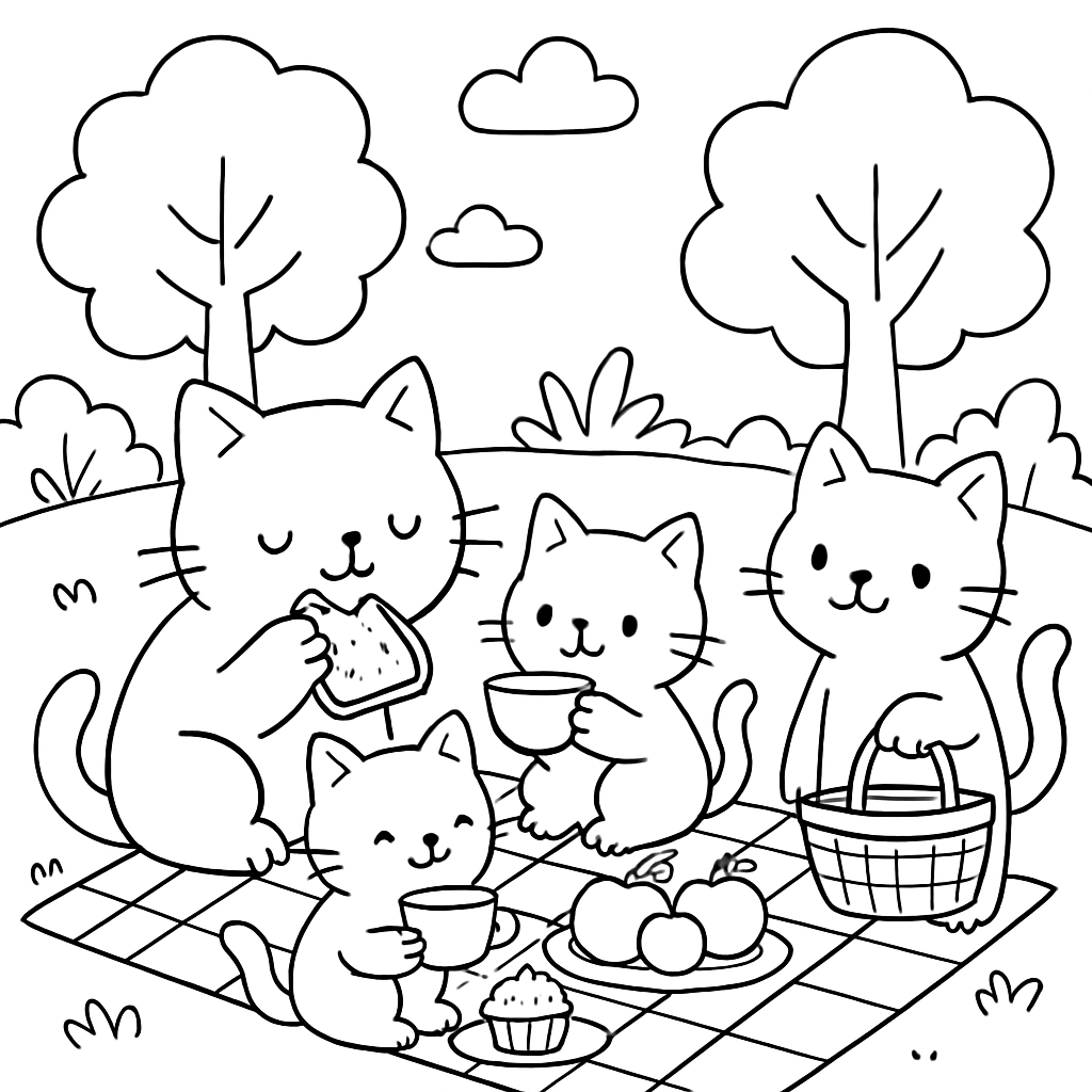 A group of cats having a picnic in the park