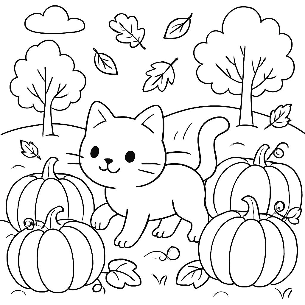 A cat exploring a pumpkin patch in autumn