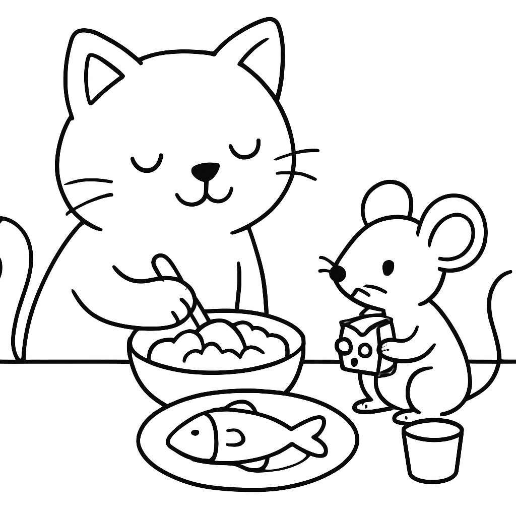 A cat and a mouse sharing a meal