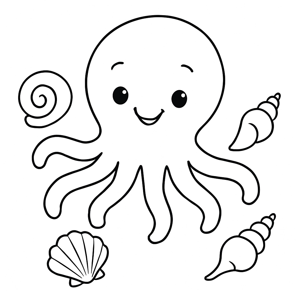 A happy octopus playing with seashells