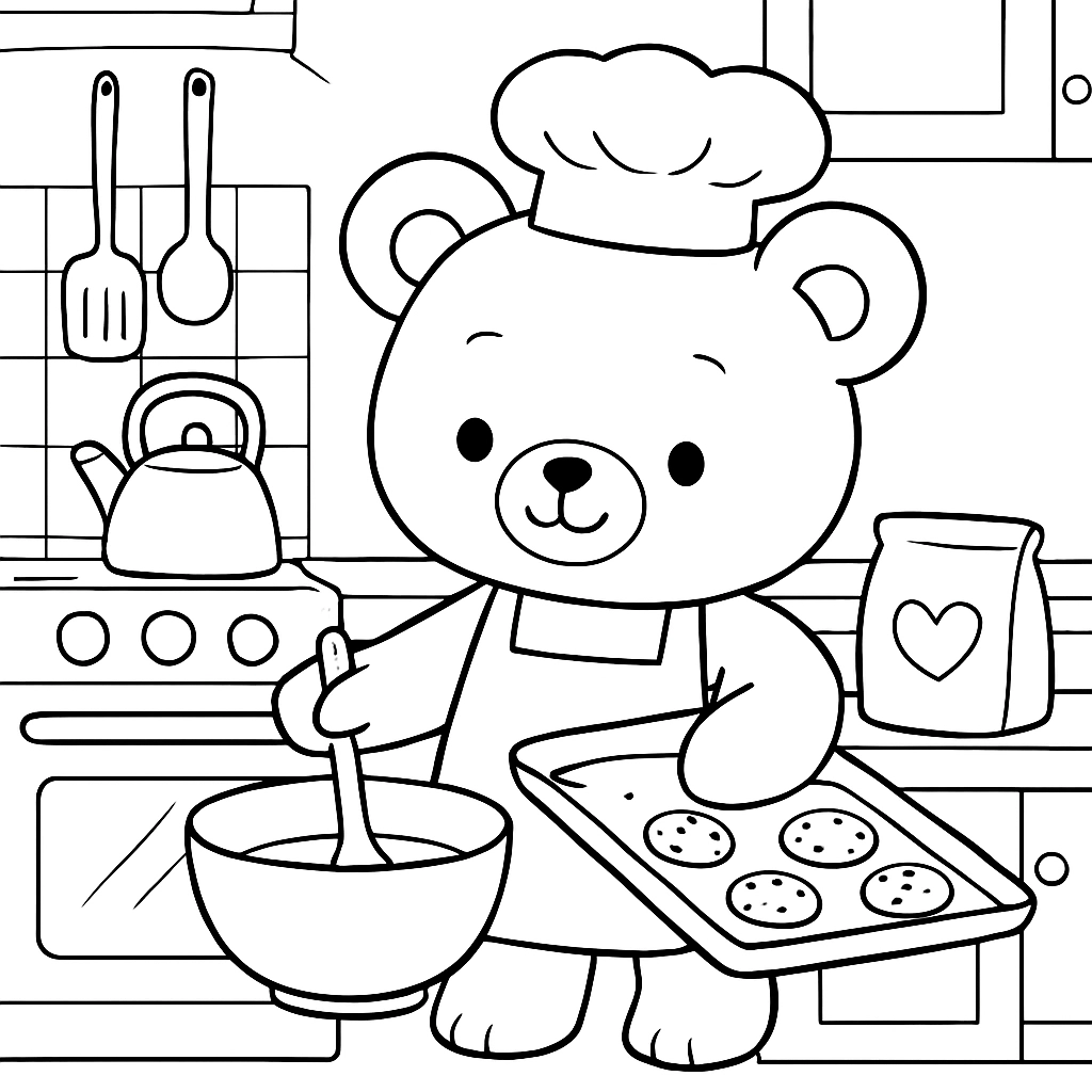 A teddy bear baking cookies in a kitchen