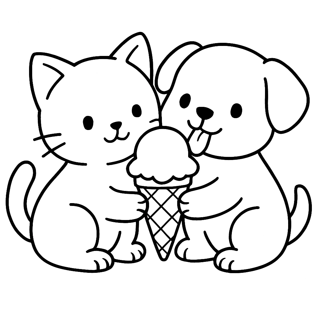 A kitten and puppy sharing an ice cream cone
