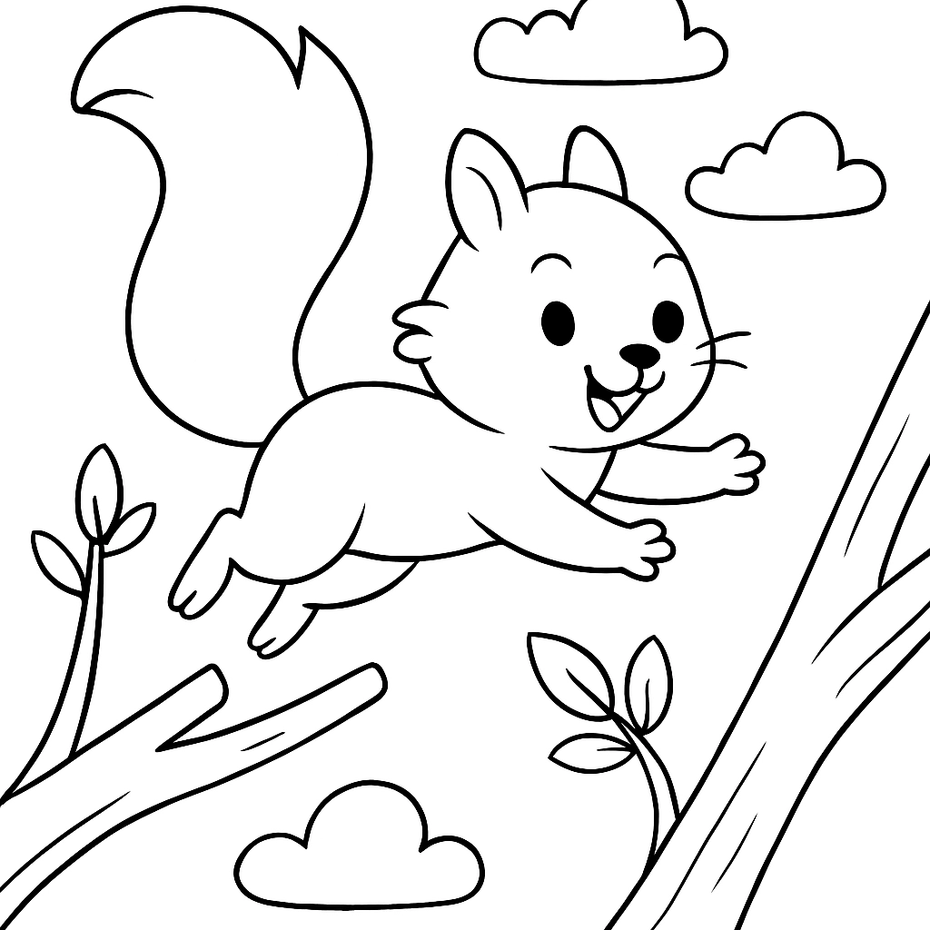 A playful squirrel jumping between branches