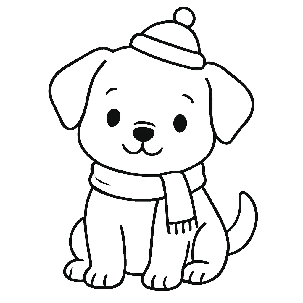 A puppy wearing a tiny hat and scarf