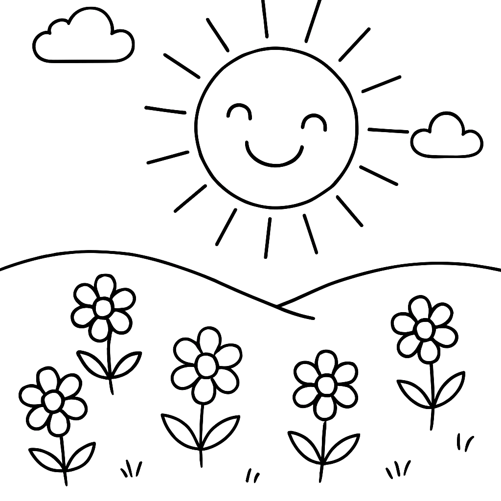 A smiling sun shining over a meadow