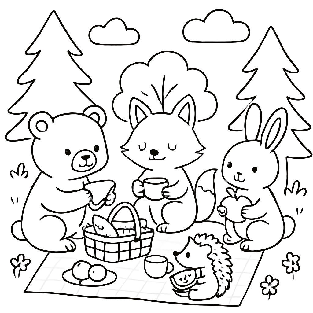 A group of forest animals having a picnic