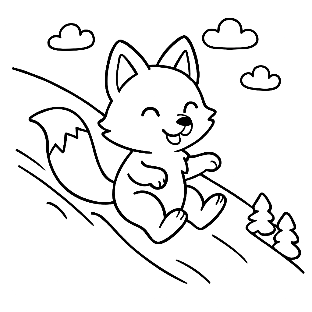A playful fox sliding down a snowy hill
