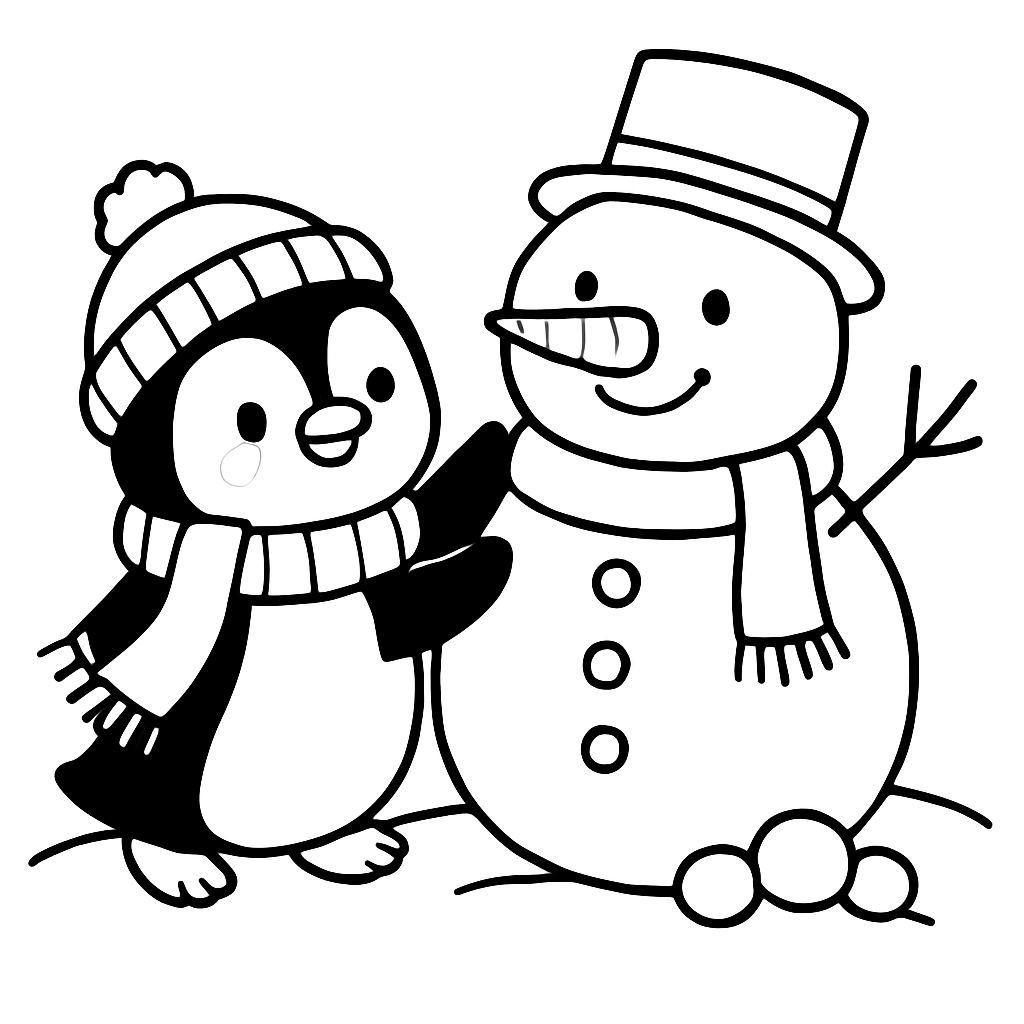 A cheerful penguin building a snowman
