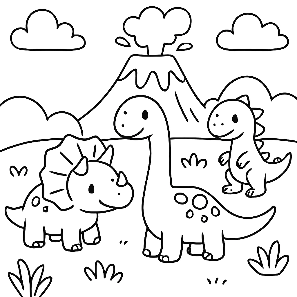 Dinosaurs playing near a volcano
