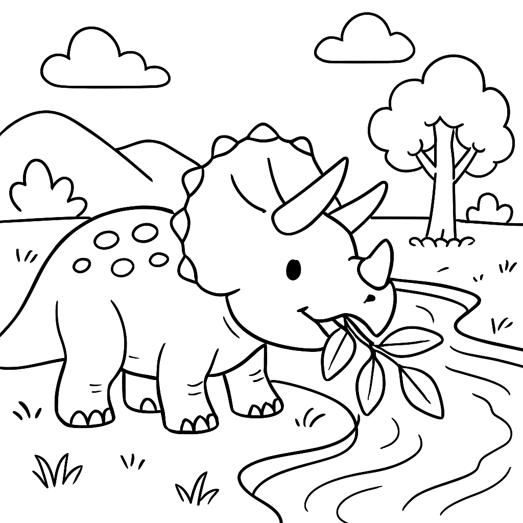 A Triceratops eating leaves near a river