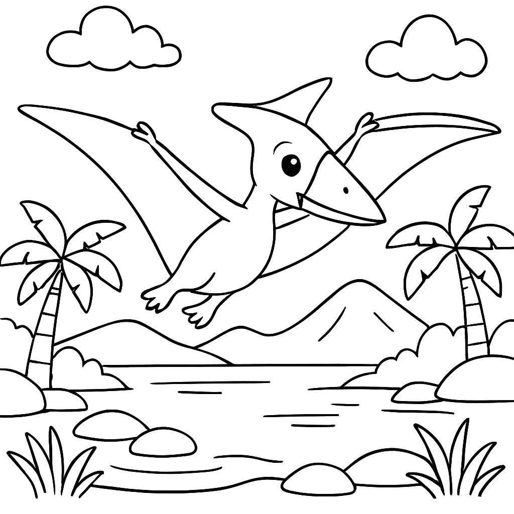 A Pterodactyl flying over a prehistoric lake