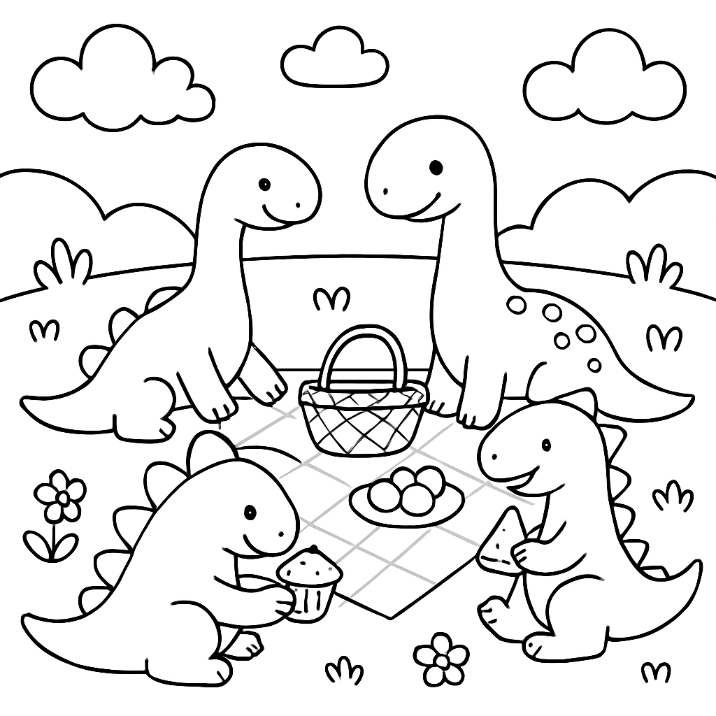 Dinosaurs having a picnic in a meadow