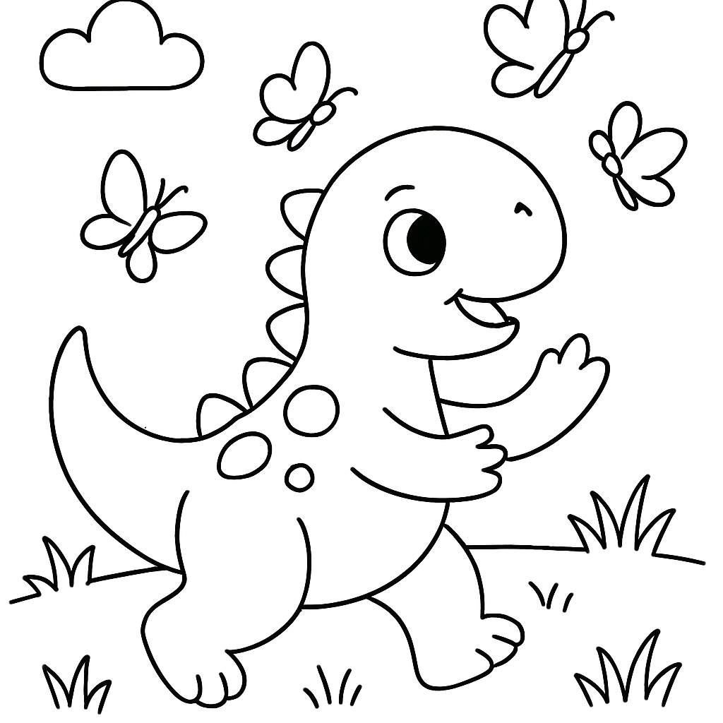 A dinosaur chasing butterflies in a field