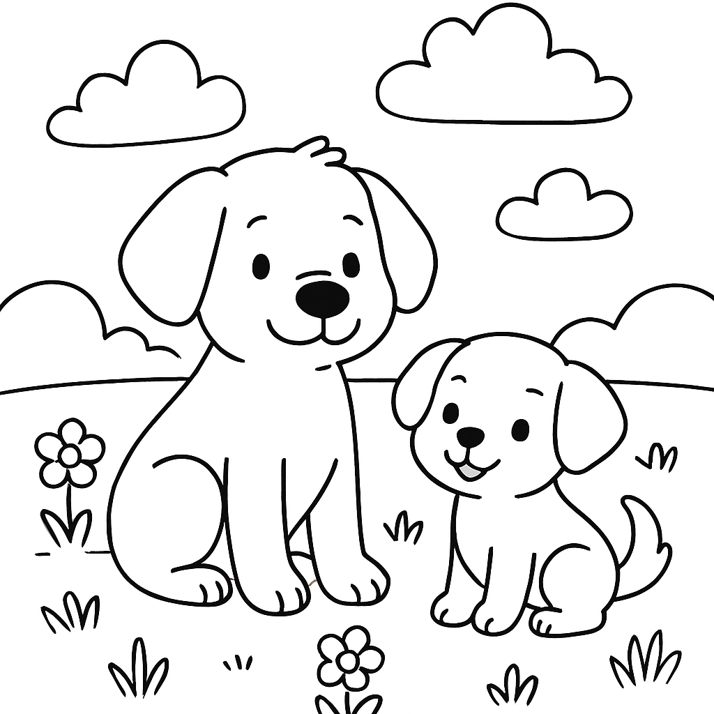 A dog with a puppy friend in a meadow