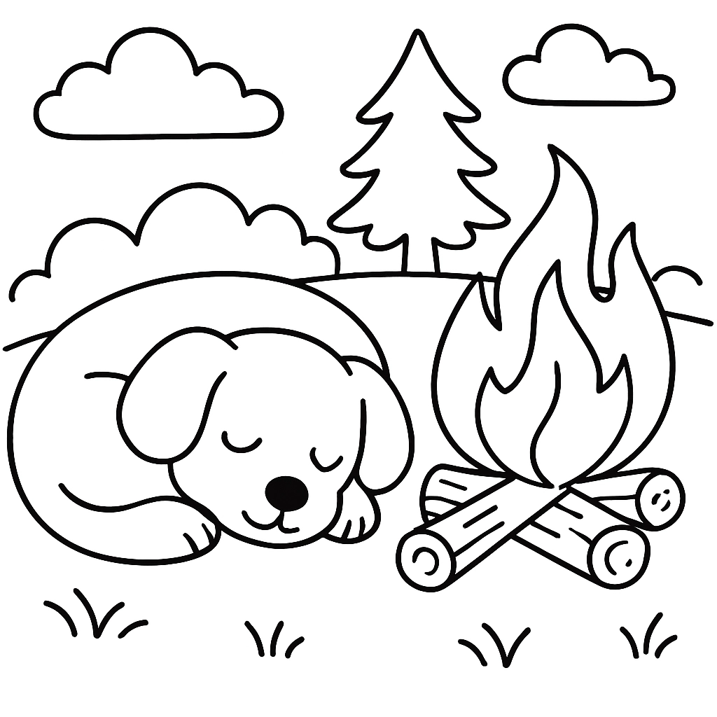 A dog curled up beside a campfire