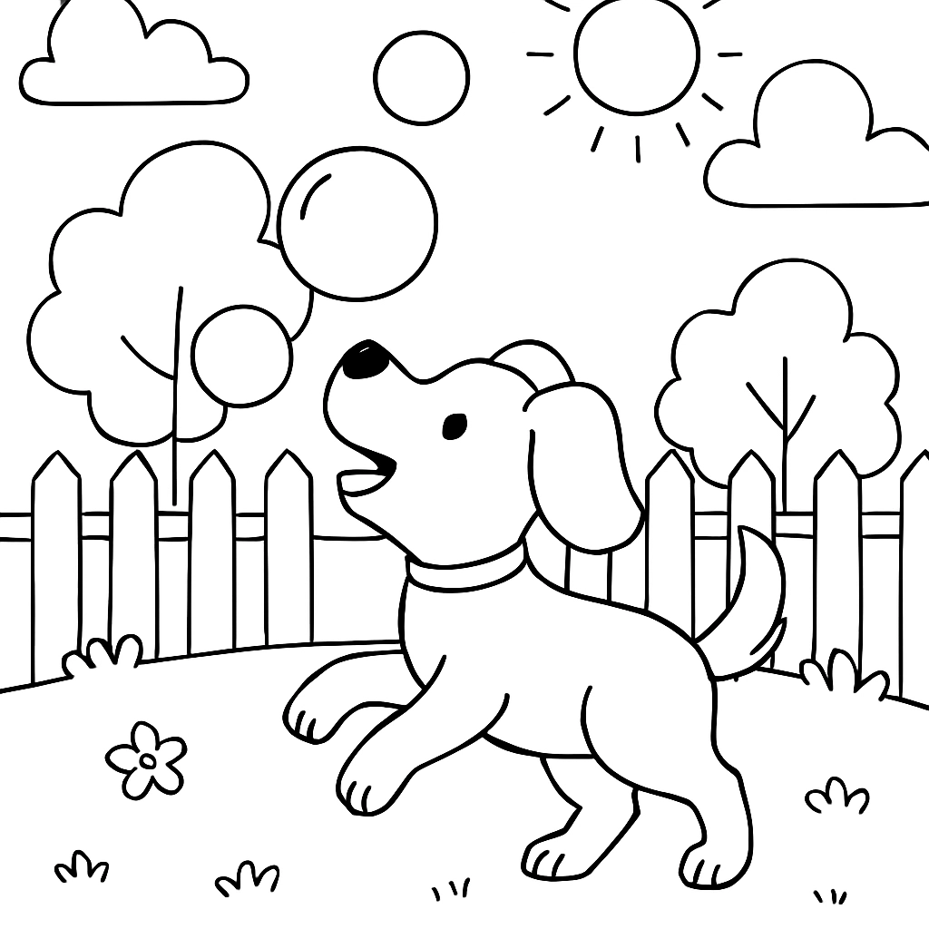 A dog chasing bubbles in the yard