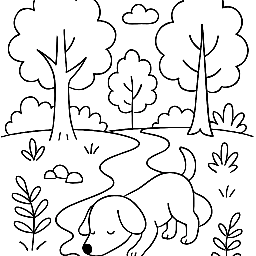 A dog trailing a scent on a forest path