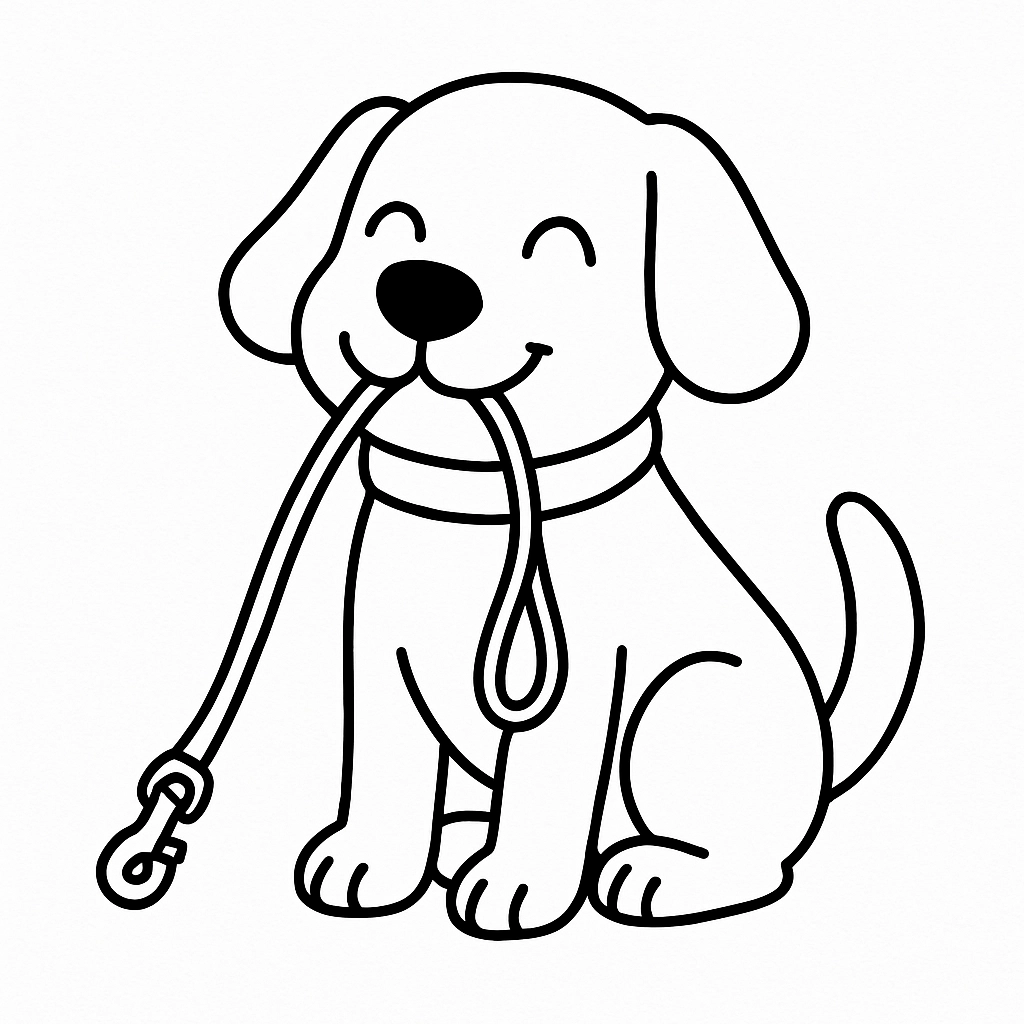 A dog sitting happily with its leash