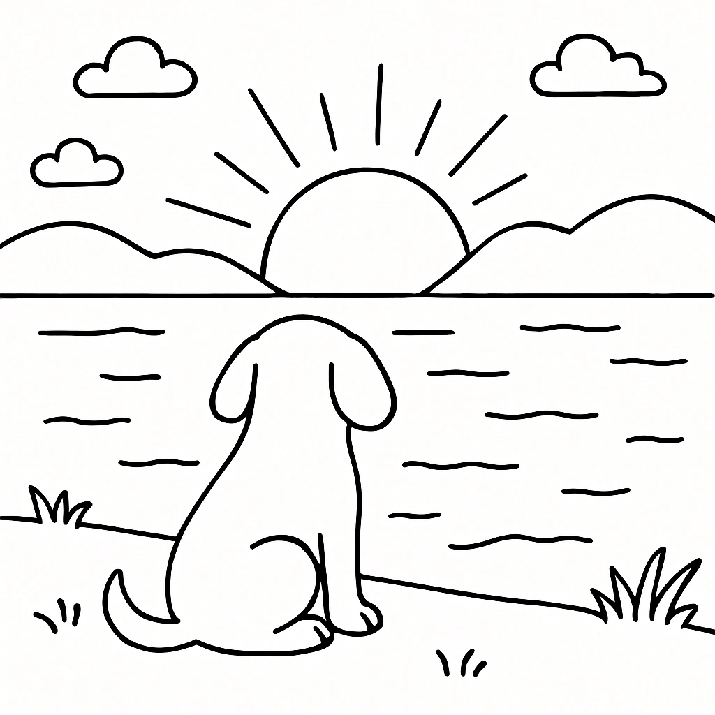 A dog sitting by a lake at sunset