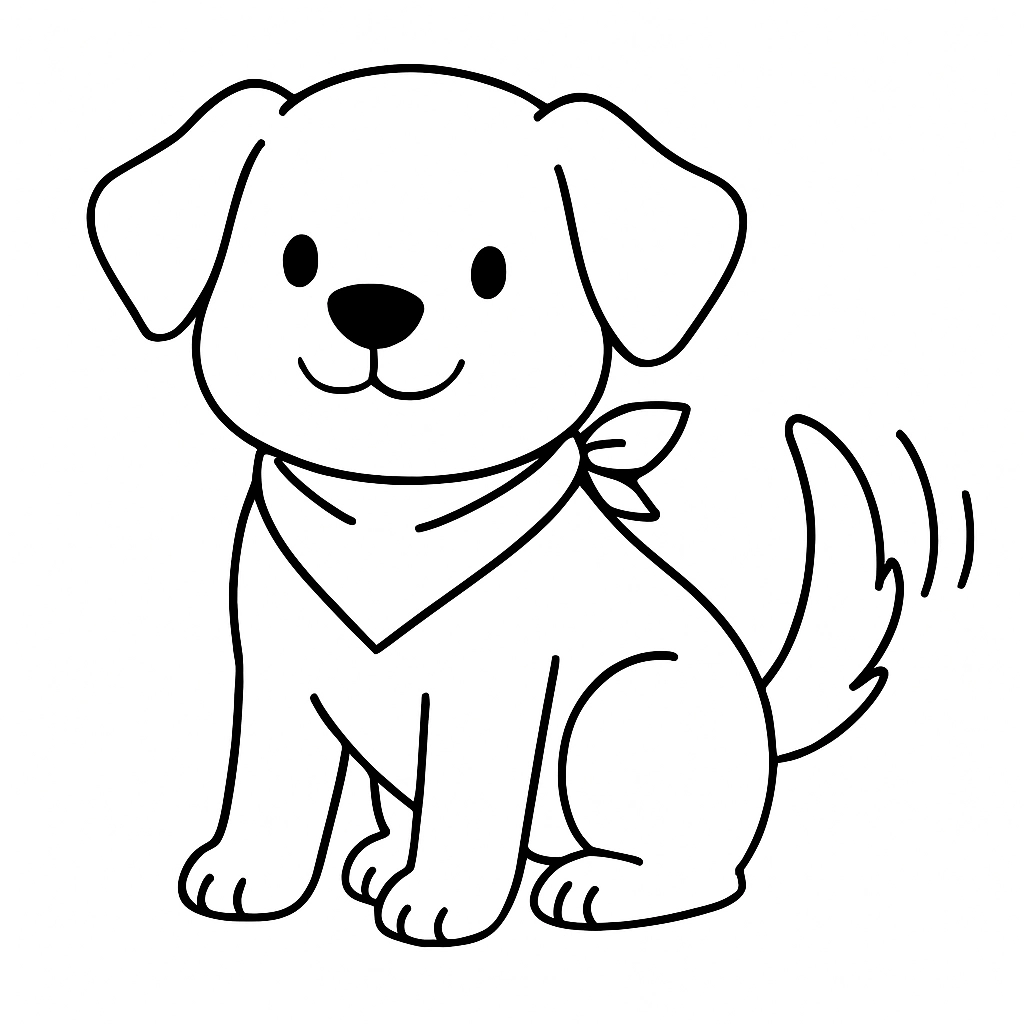 A dog wearing a bandana and wagging its tail