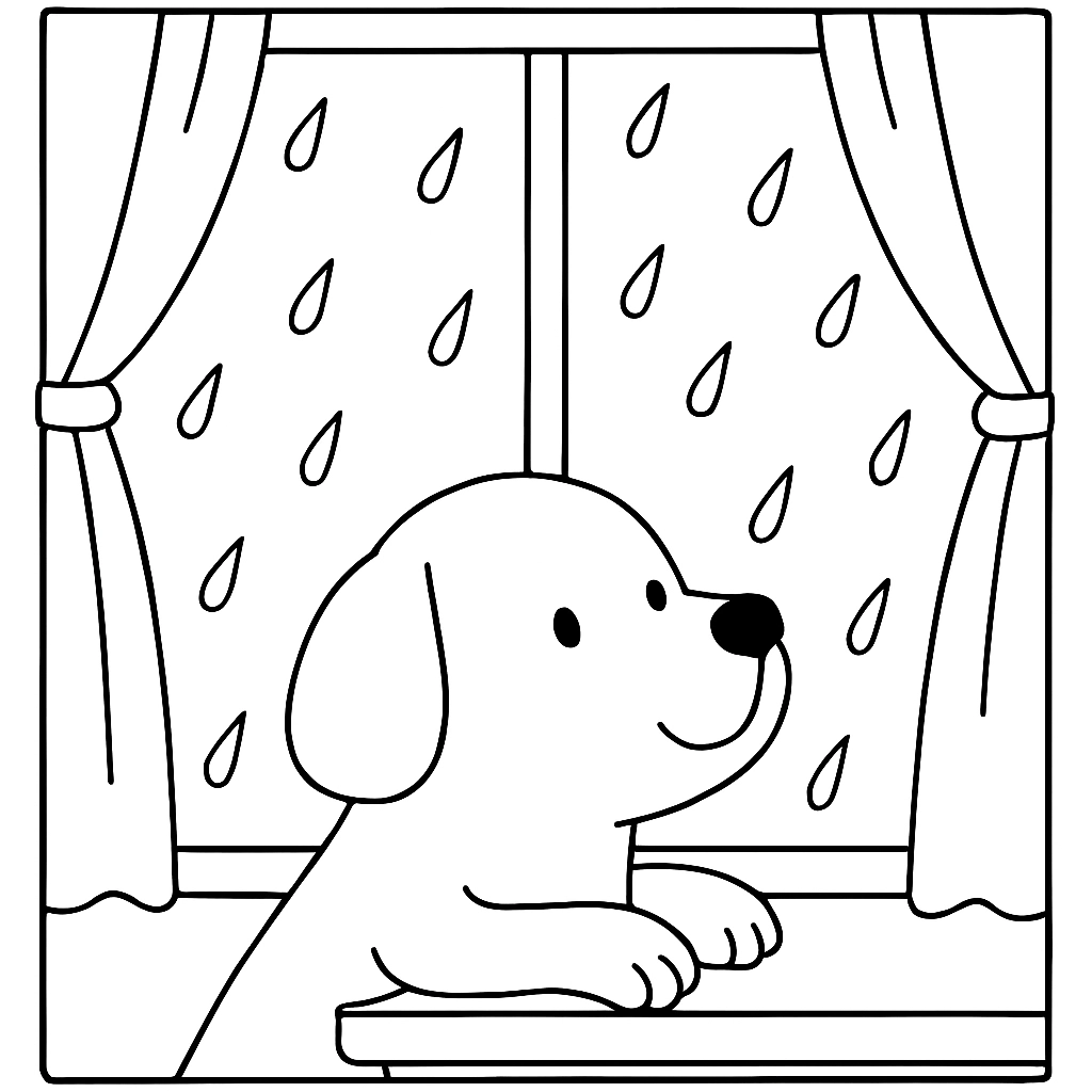 A dog looking out the window during rain
