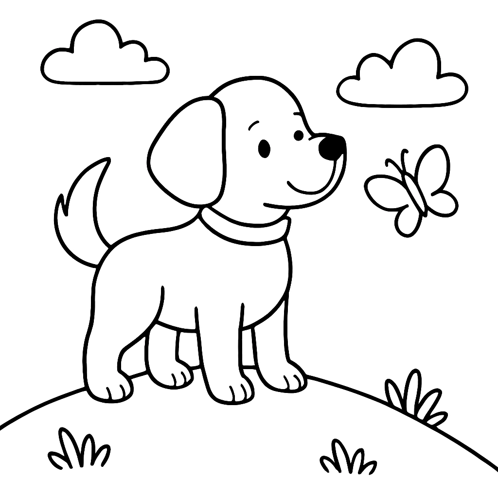 A dog standing on a hilltop with a butterfly