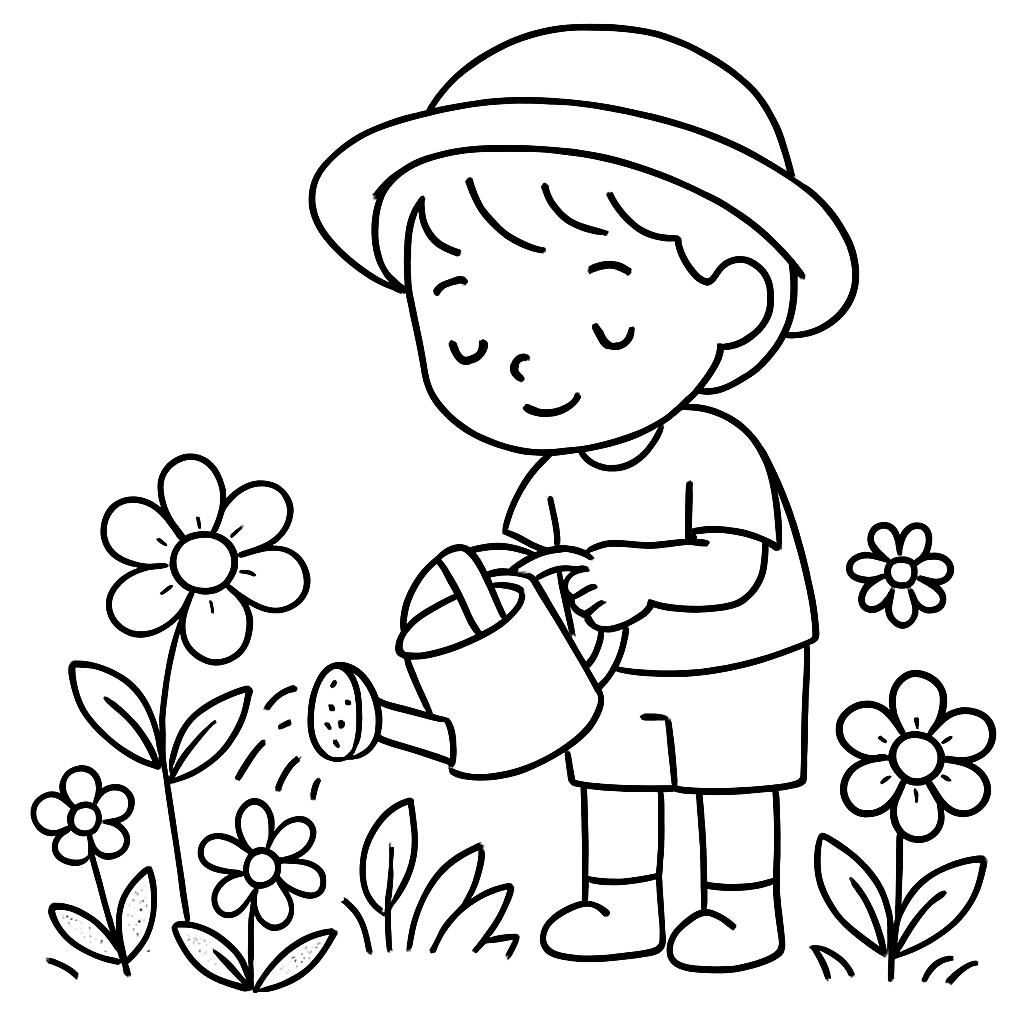 A child watering plants in a flower garden