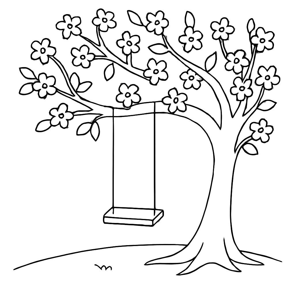 A swing hanging from a tree with blossoms