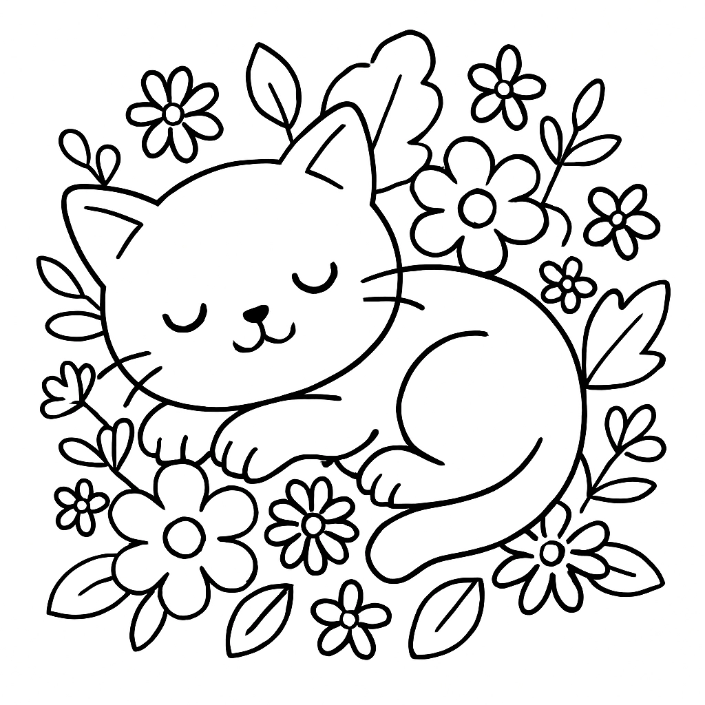 A cat napping on a bed of flowers
