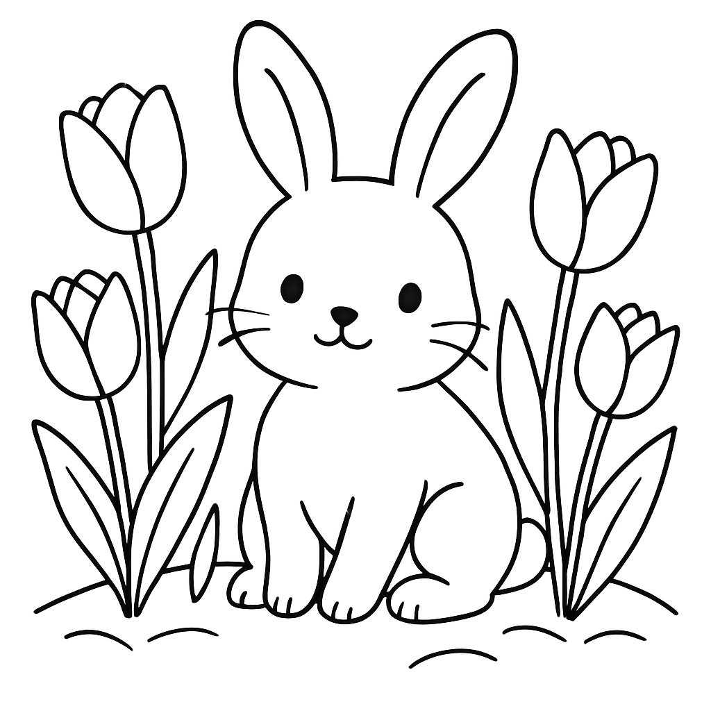 A bunny sitting amidst tulips