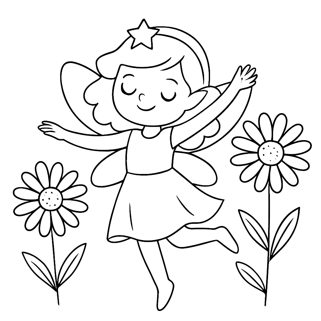 A fairy dancing around daisies