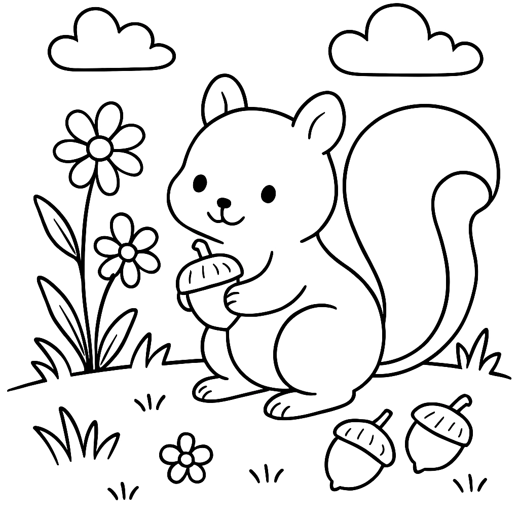 A squirrel gathering acorns near wildflowers