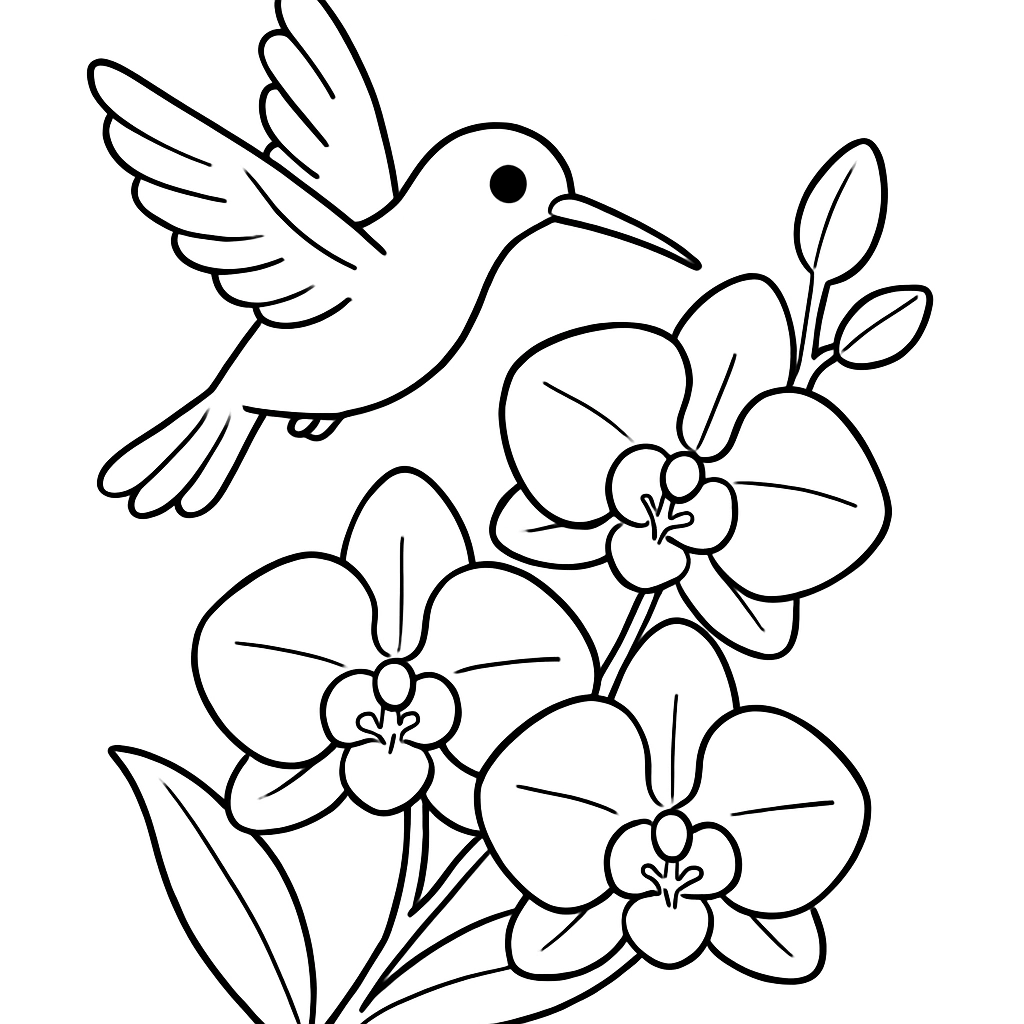 A hummingbird hovering over orchids