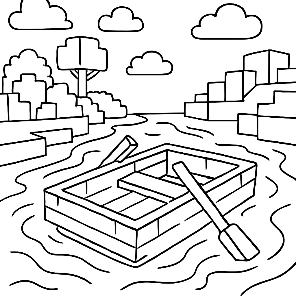 A Minecraft boat floating on a river
