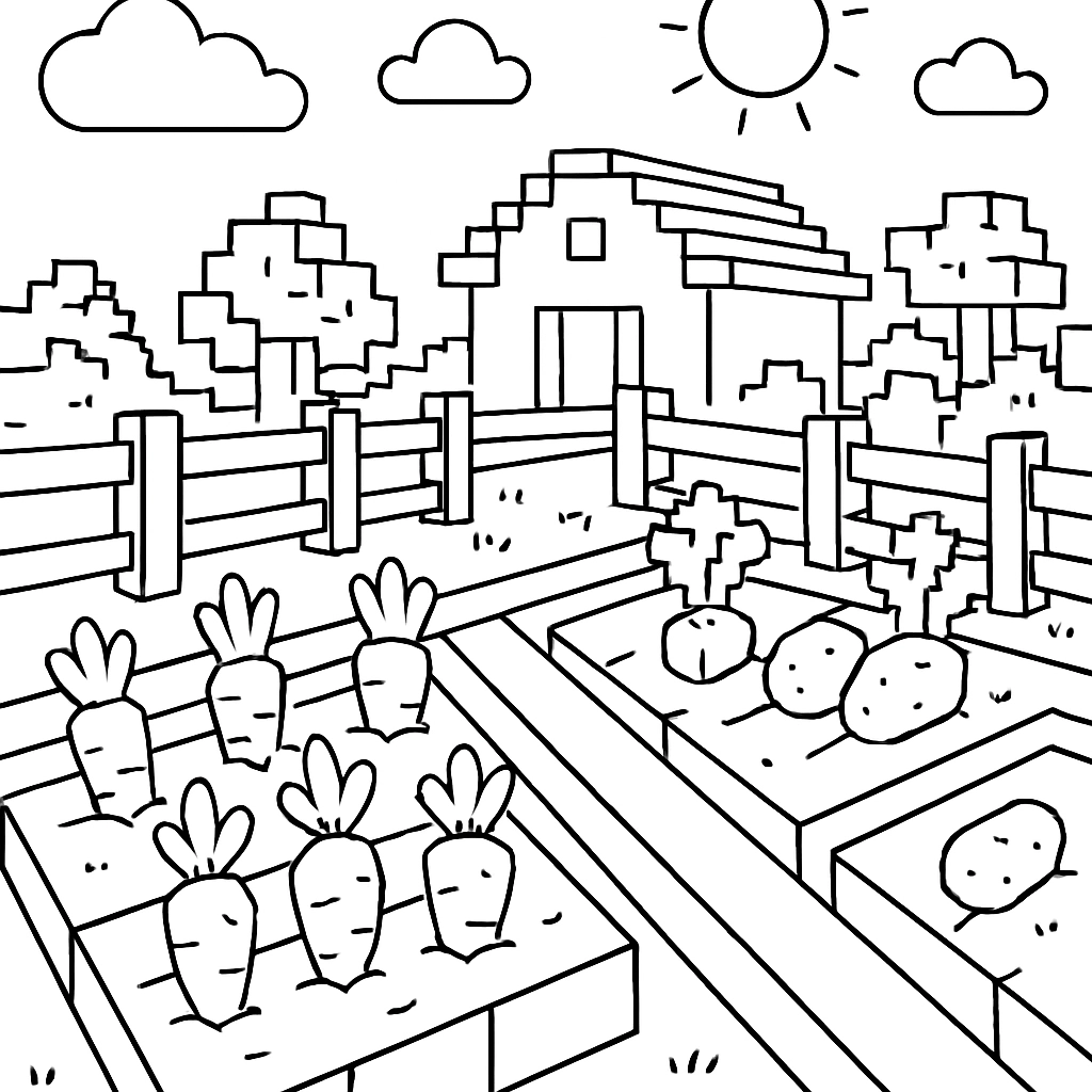 A Minecraft farm field with carrots and potatoes