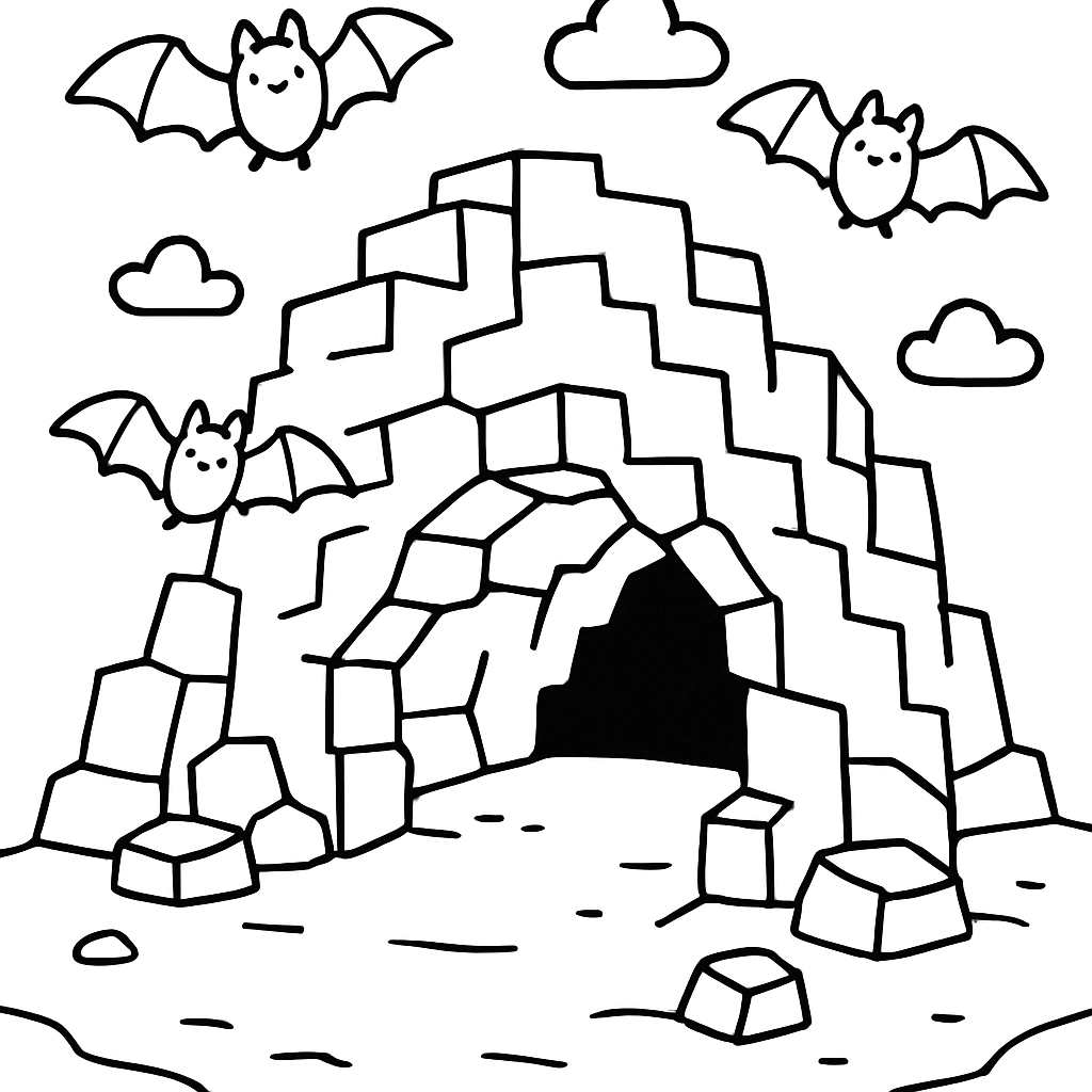 A Minecraft cave entrance with bats flying