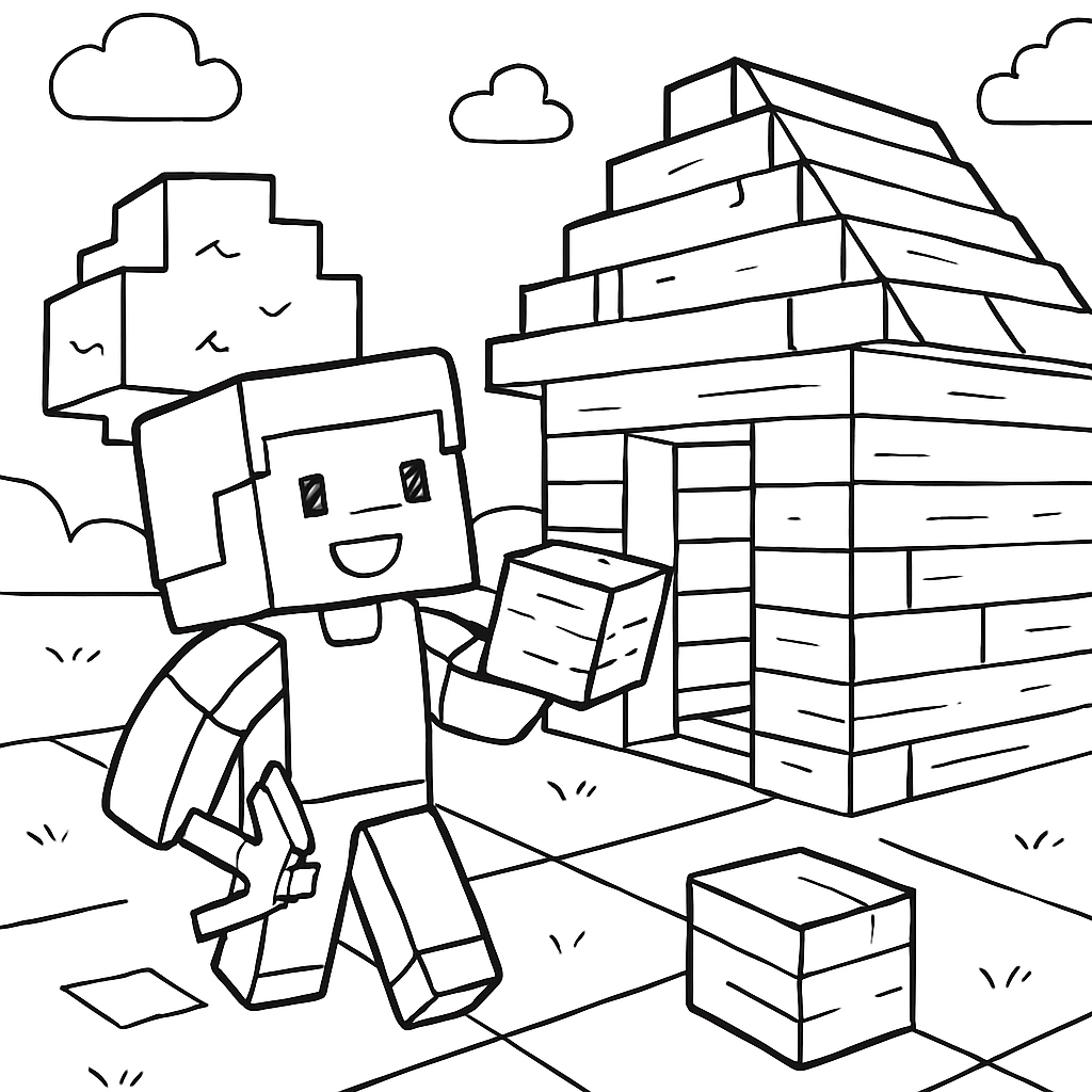 A Minecraft player building a wooden house