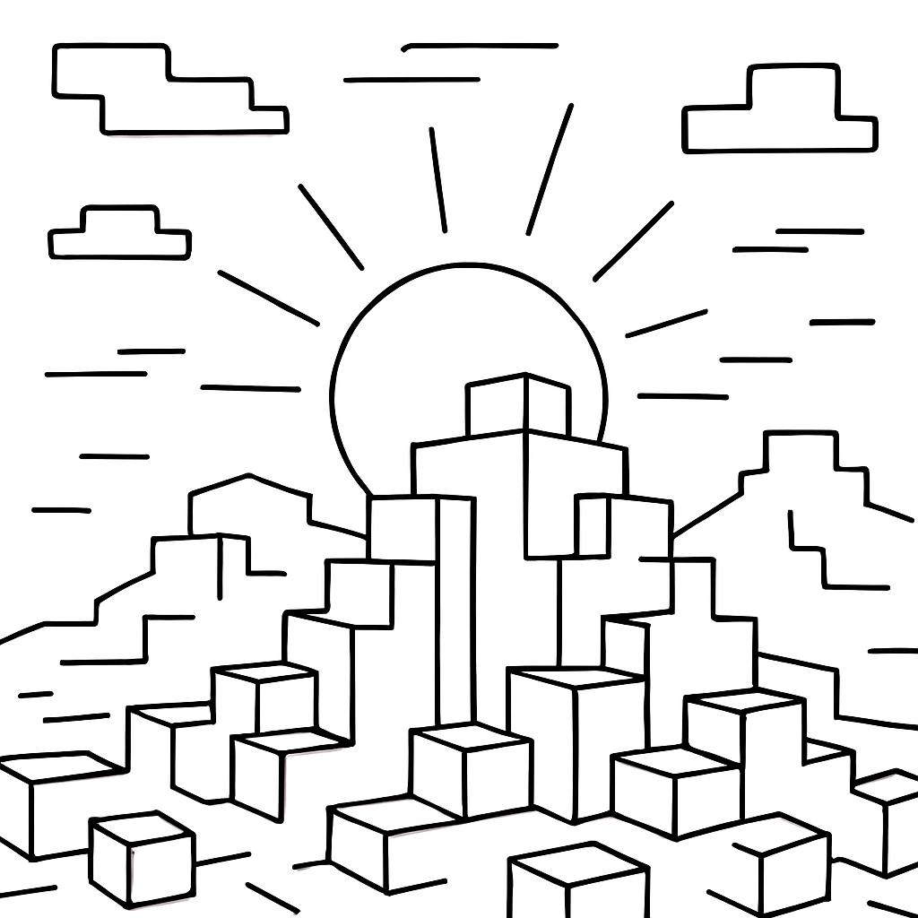 A Minecraft sunset over blocky mountains