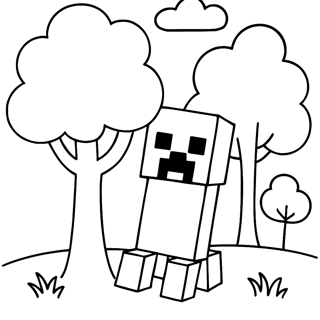 A Minecraft creeper lurking behind trees