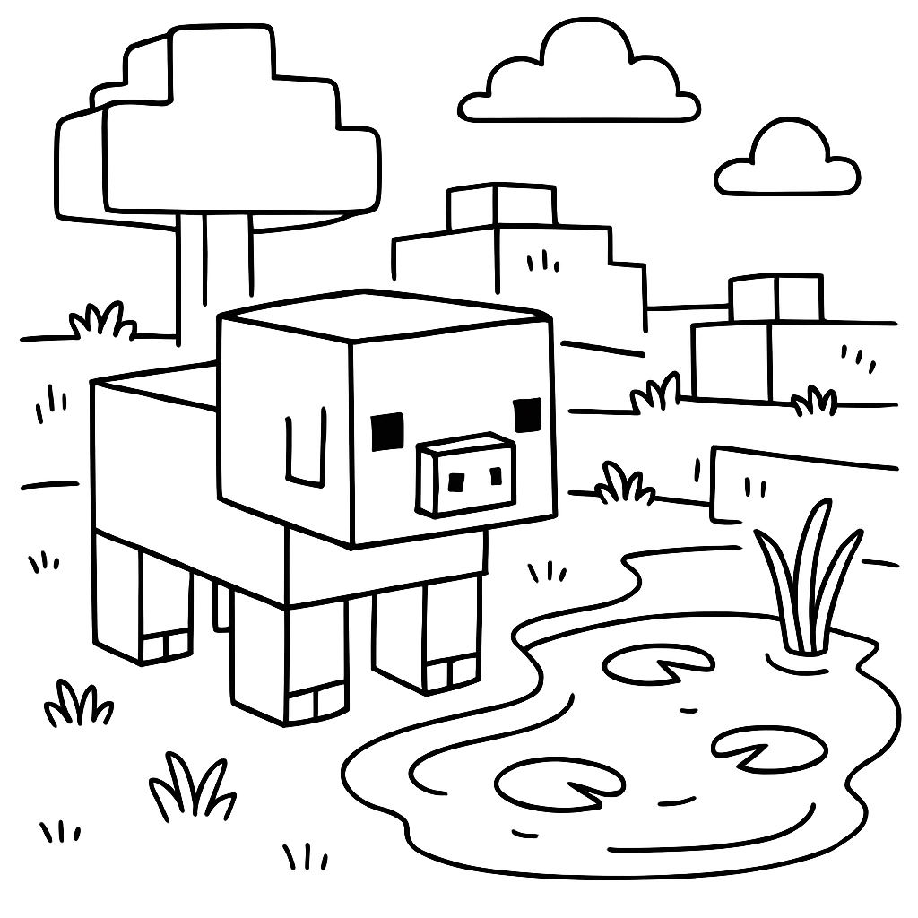 A Minecraft pig near a small pond